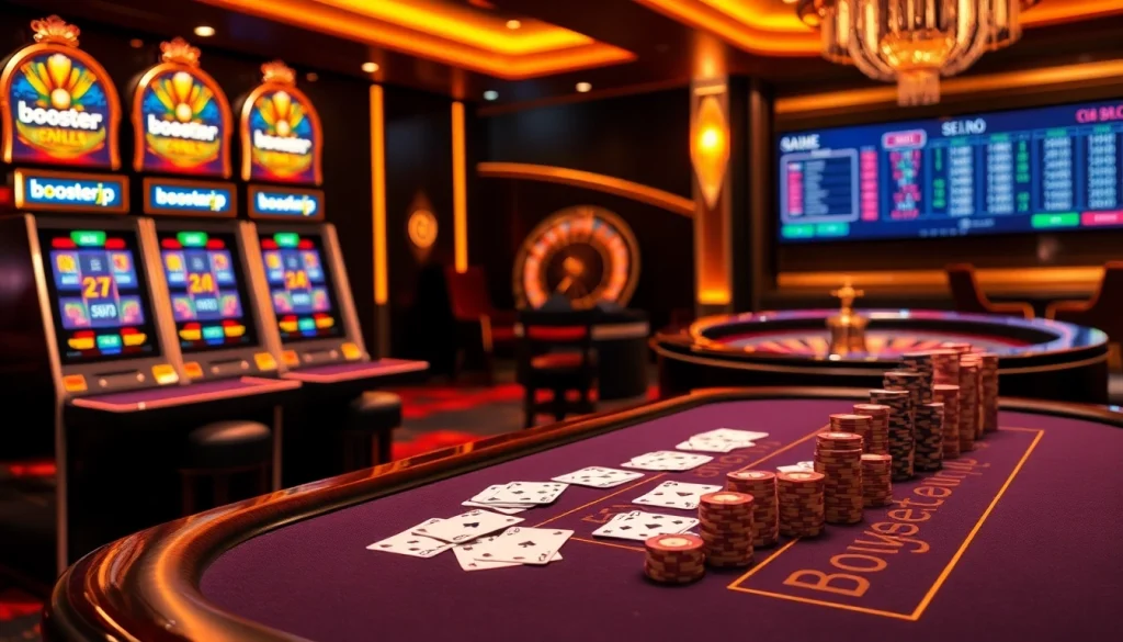 Experience thrilling gaming with boosterjp featuring slot machines, poker chips, and a vibrant casino atmosphere.