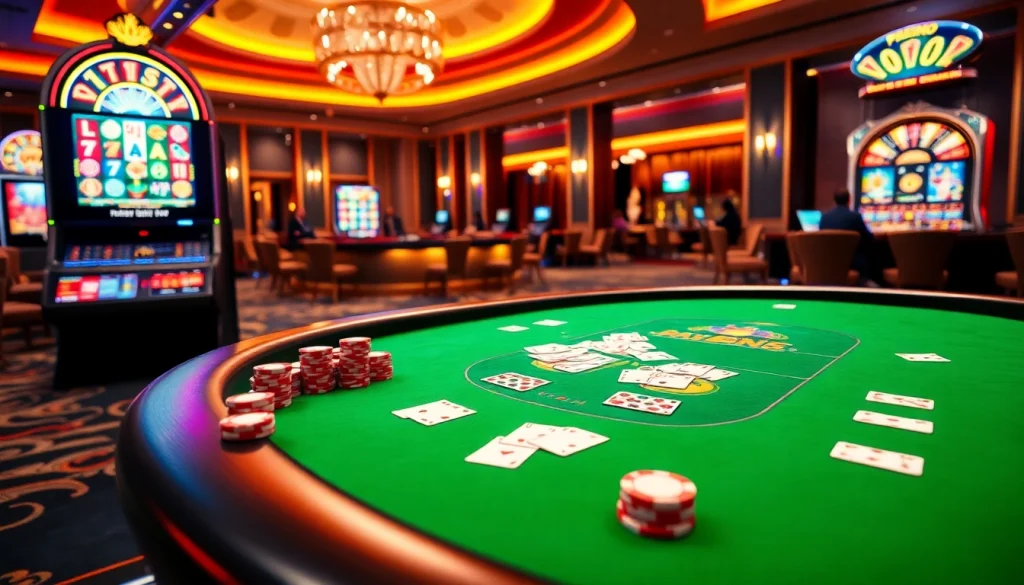 Experience thrilling gameplay at PGSLOT IN with vibrant casino tables and slot machines.