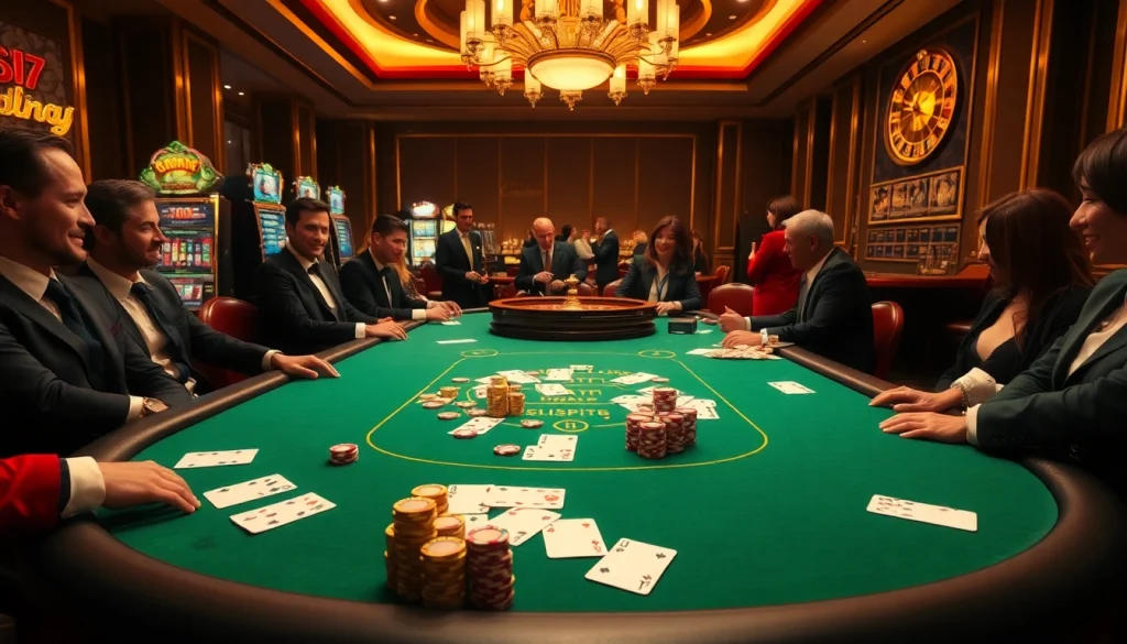 Excited players strategizing at a poker table with chips and cards, showcasing gambling at https://rr88co.net/.
