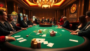 Excited players strategizing at a poker table with chips and cards, showcasing gambling at https://rr88co.net/.