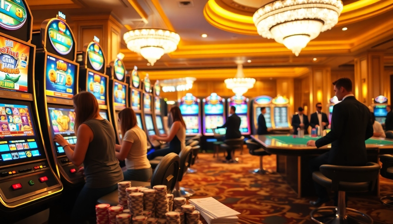 Excited players spinning slot machines in a luxury casino atmosphere with vibrant visuals.
