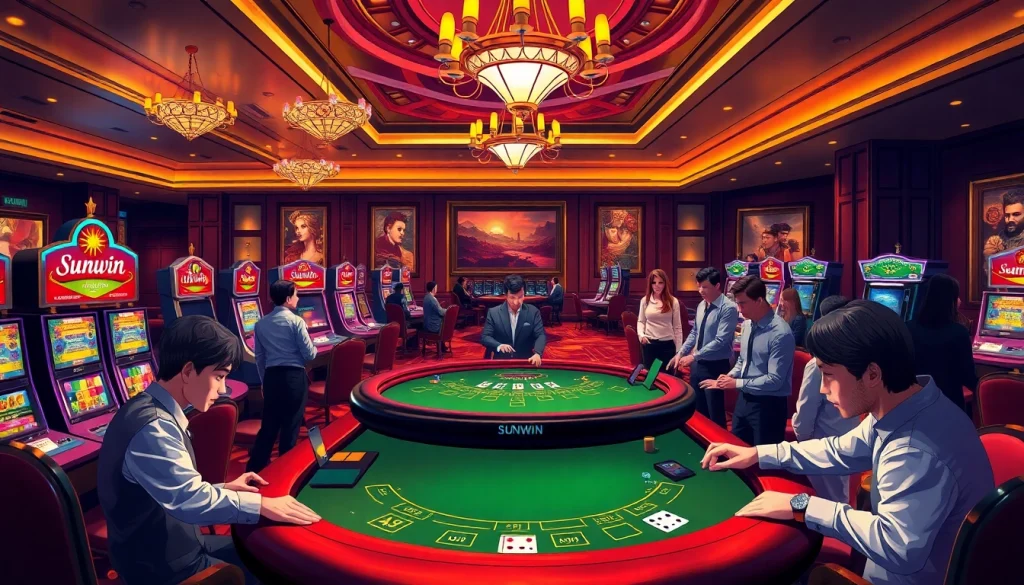 Sunwin casino environment with players at a vibrant blackjack table and glowing slot machines.