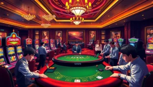 Sunwin casino environment with players at a vibrant blackjack table and glowing slot machines.