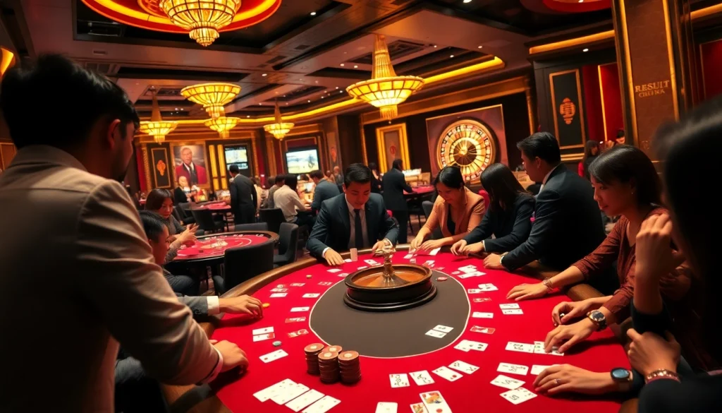 Experience winning moments at a table game showcasing 'result china' betting slips in a luxurious casino setting.
