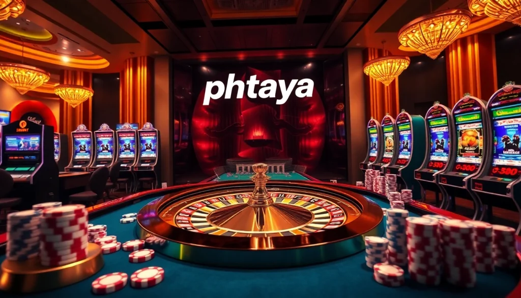 PHTAYA showcases an exciting casino experience with vibrant slot machines and a roulette wheel in play.