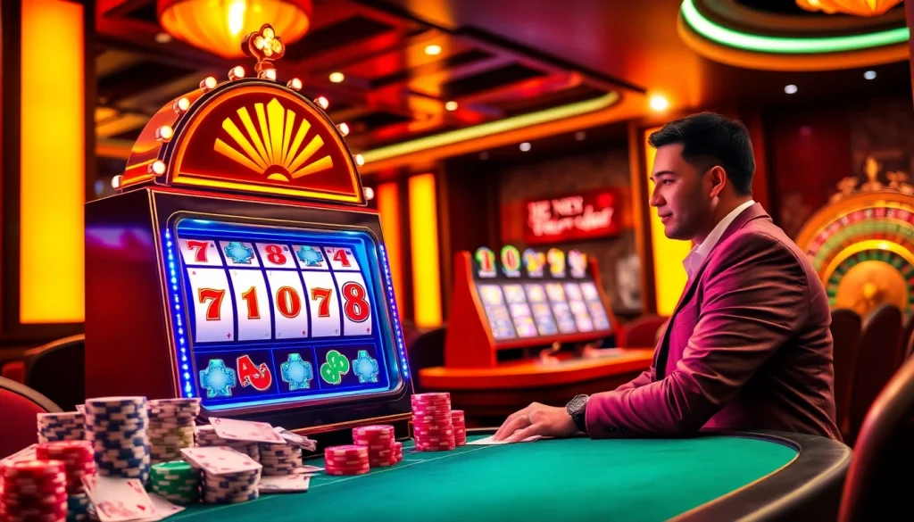 Play thrilling SLOTS8 slot machines at a luxurious casino with vibrant colors and exciting gameplay.