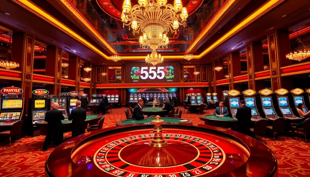 Experience the thrill of 555win at a luxurious casino table surrounded by excited players.