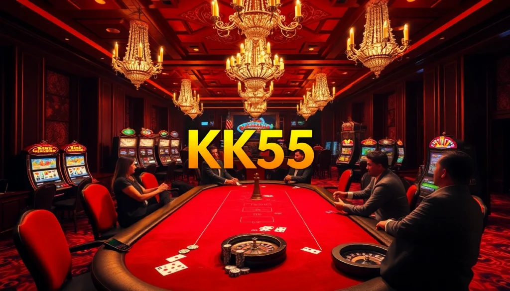 Engage with thrilling poker gameplay at KK55 casino, featuring vibrant tables and lively atmosphere.