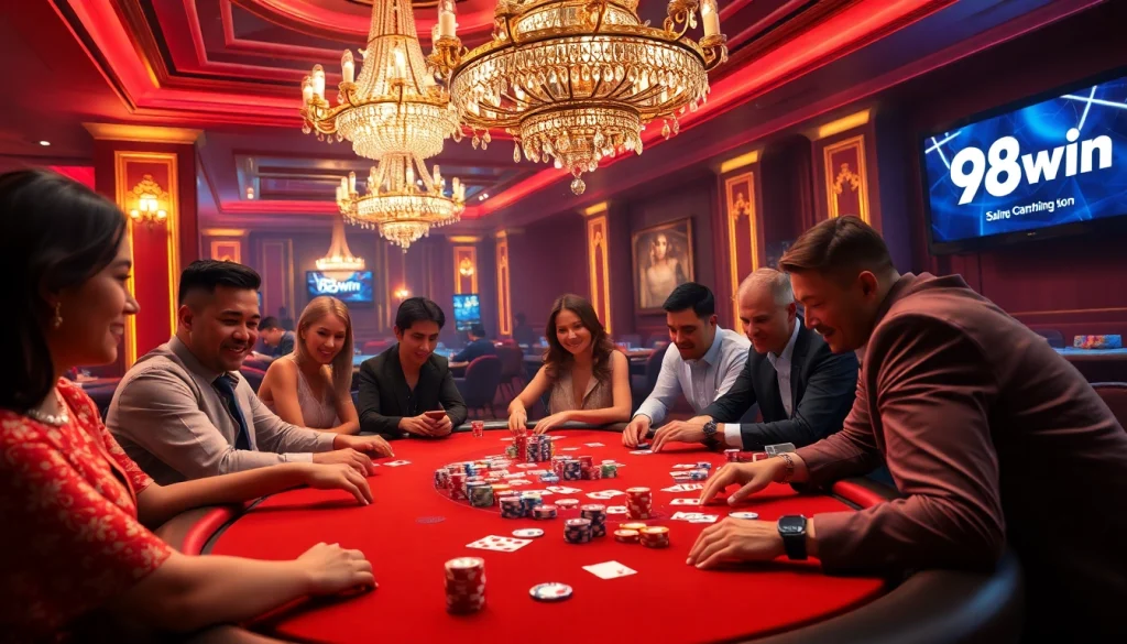 High-stakes poker gameplay at 98win casino, showcasing intense emotion and luxury.