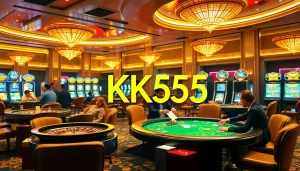 Engaging casino scene showcasing KK55-themed poker tables and vibrant gaming elements.