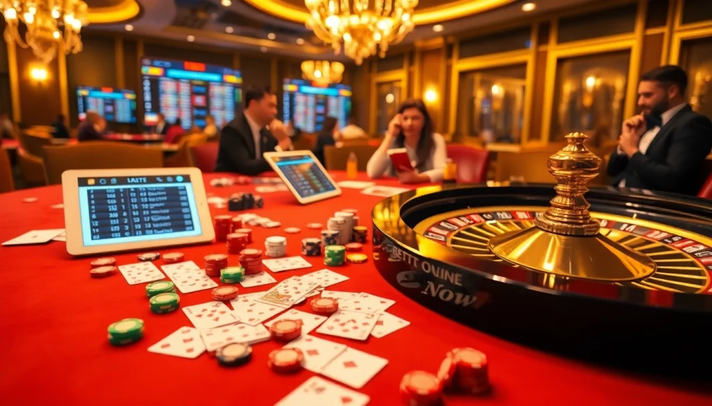 Betting Online Now at a luxurious poker table with vibrant chips and glowing roulette.