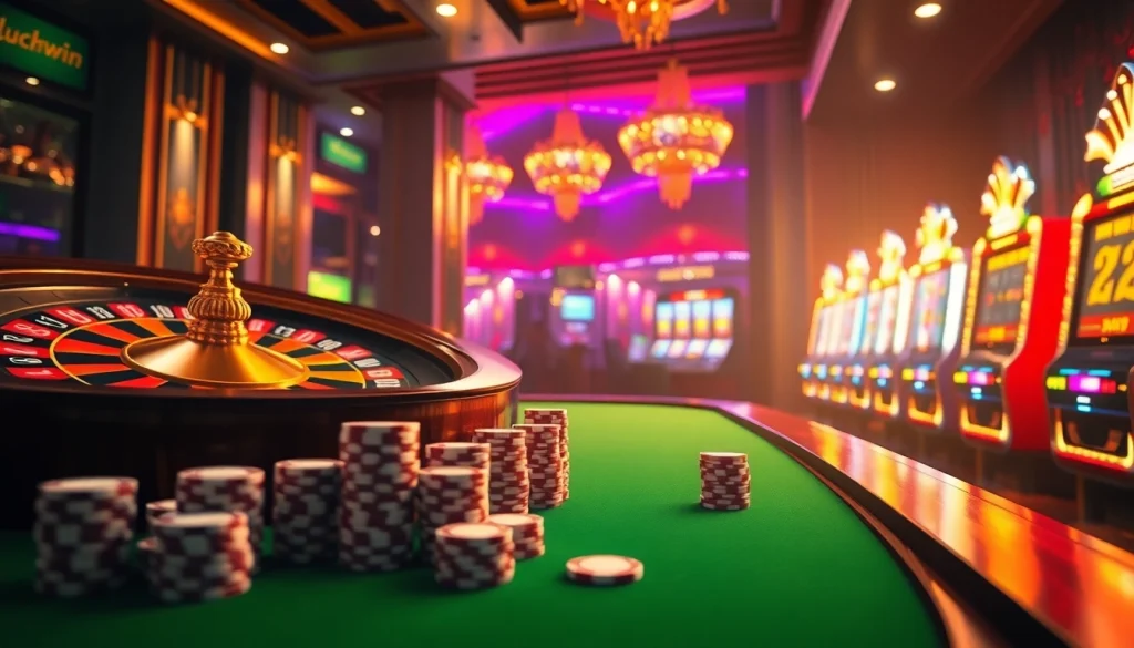 Experience the thrill of Luckywin with vibrant slot machines and a dynamic roulette wheel in a luxury casino setting.
