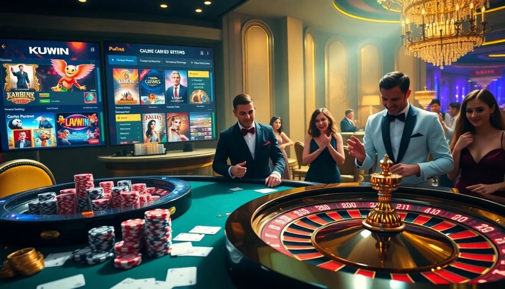 Excited players strategizing at the KUWIN casino table with poker chips and cards.