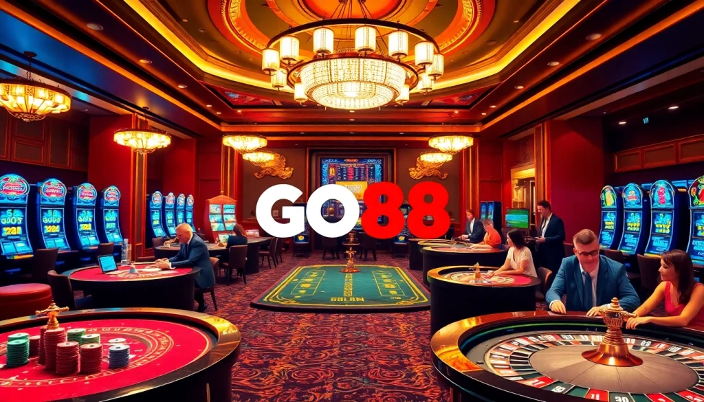 Players enjoying a vibrant casino experience at GO88, surrounded by tables and slot machines.