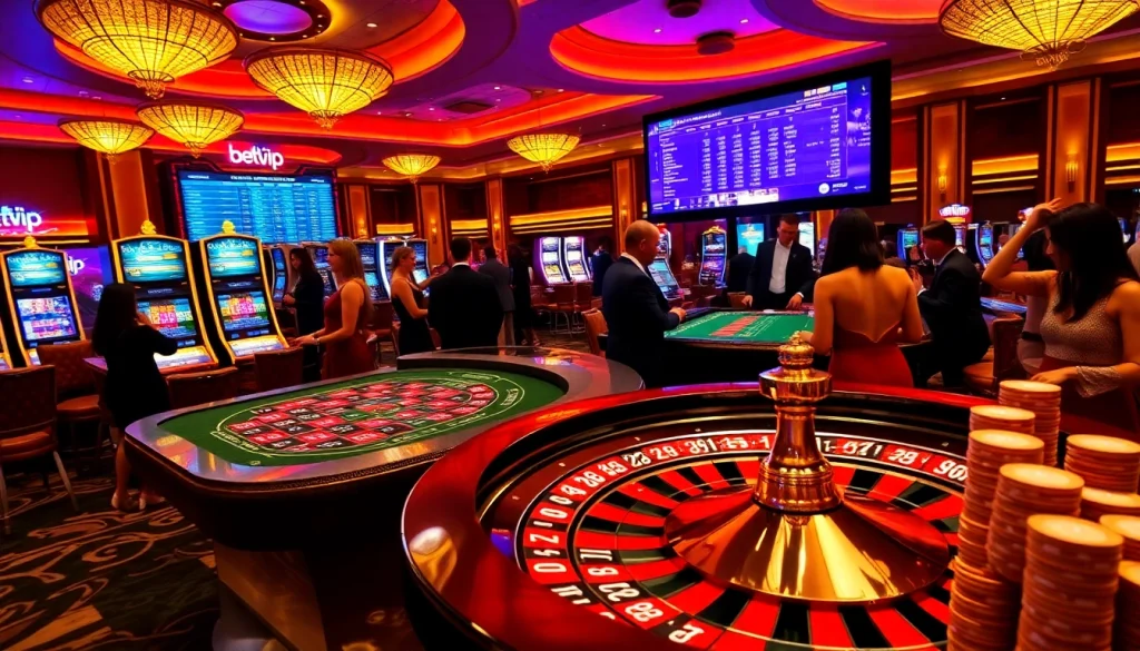 Trải nghiệm cảm giác hồi hộp khi chơi BetVIP với cảnh casino sang trọng, nổi bật roulette và poker.