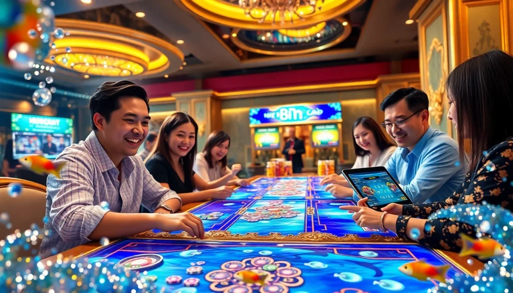 Exciting bắn cá game scene in a luxurious casino atmosphere with vibrant colors and happy players.