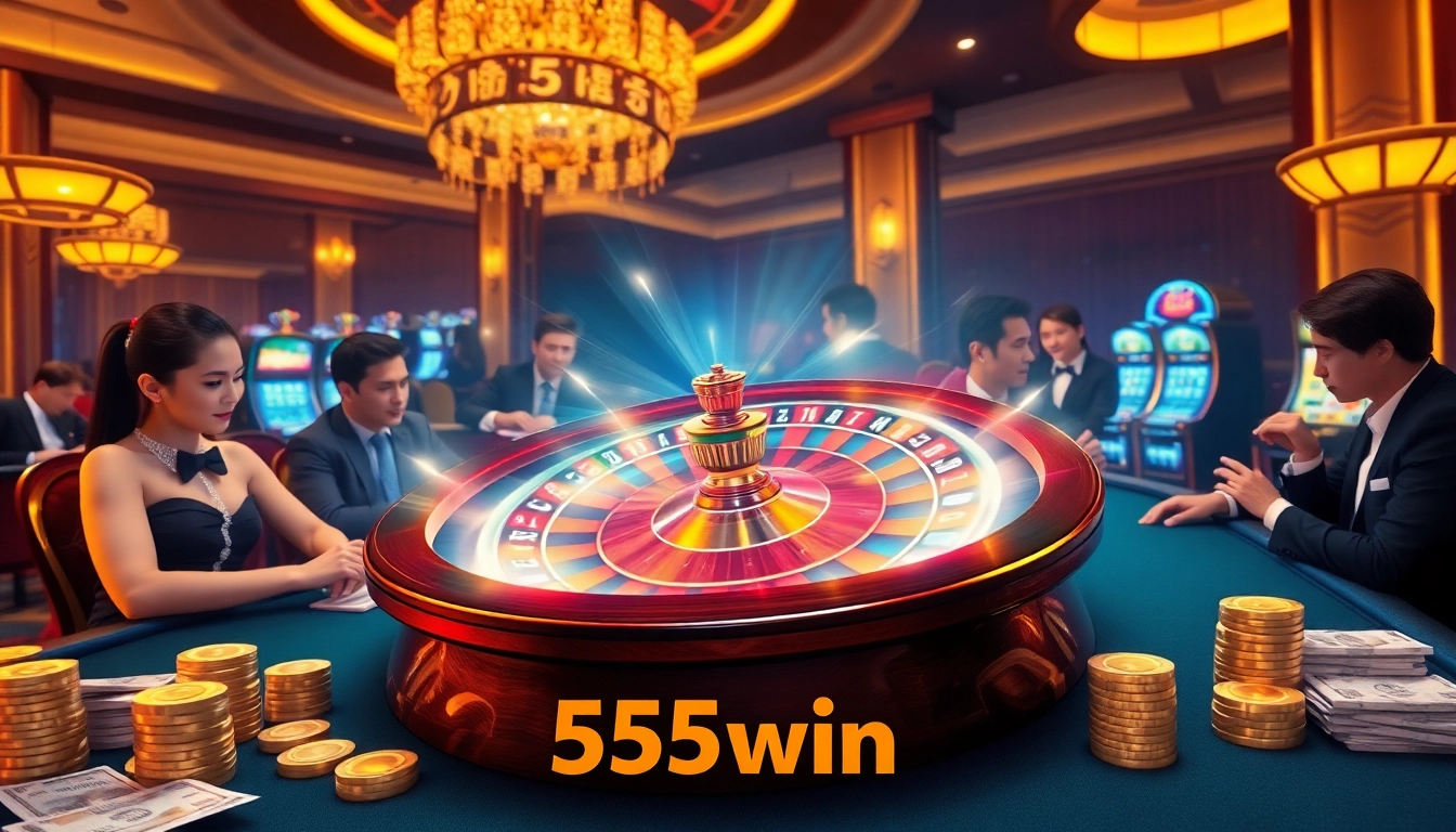 Experience the thrill of gaming with 555win in this luxurious casino scene featuring roulette and poker.