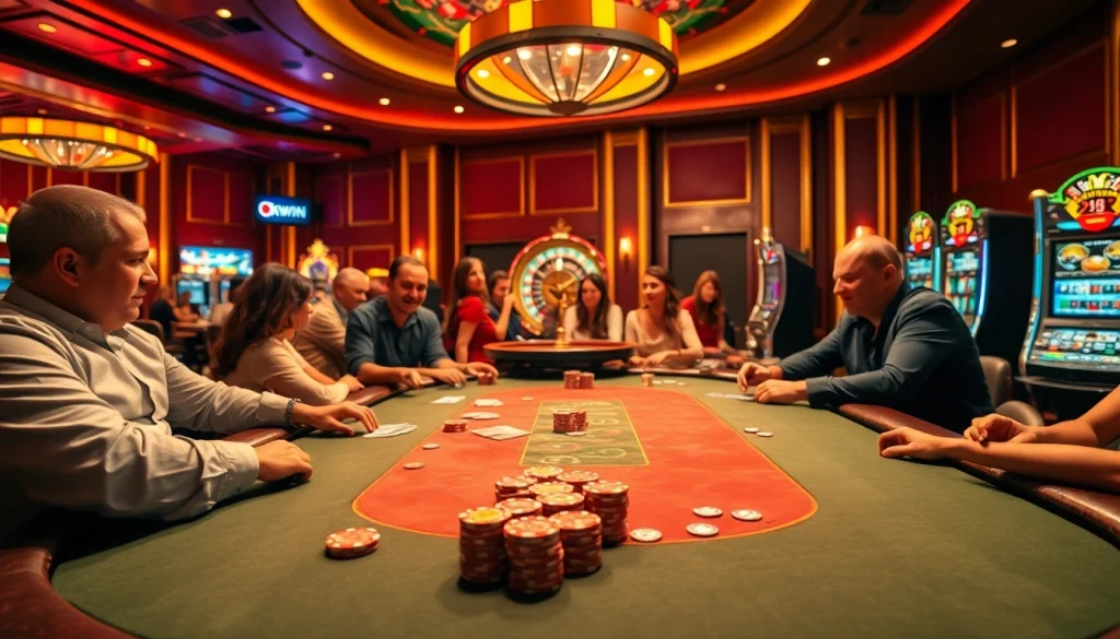 Engage in high-stakes poker at okwin's luxury casino, surrounded by thrilling gaming action.