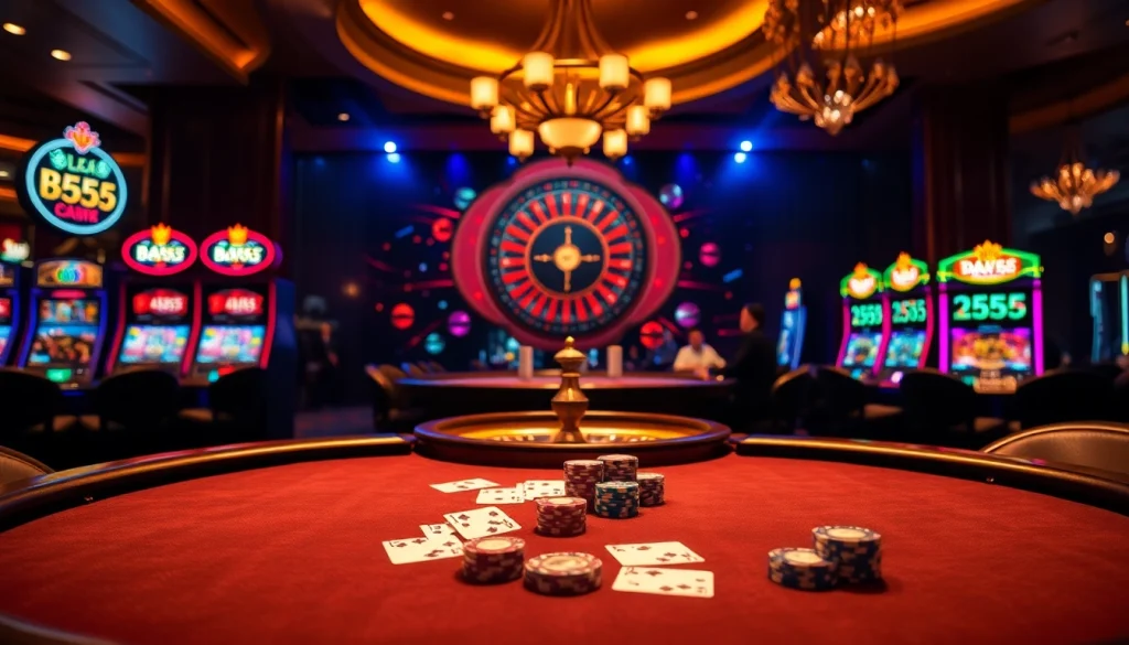 Experience the thrill of casino gaming with BL555's vibrant poker table and spinning roulette wheel.