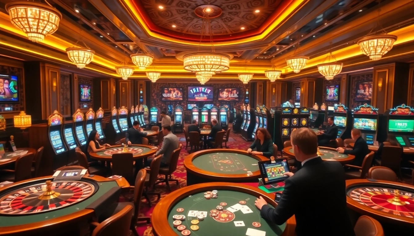 Gamblers enjoy an exhilarating fun79 experience at a luxurious casino with poker tables and vibrant slot machines.