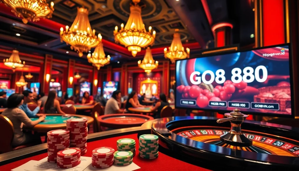 Engaged players in a luxurious casino scene showcasing https://go88vn.id/ with poker chips and roulette.