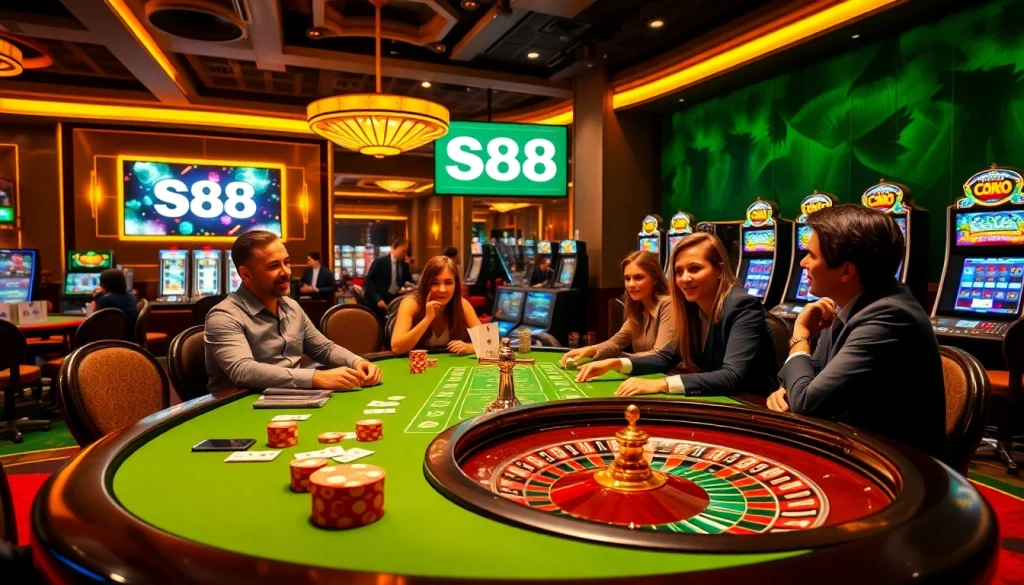 Engage with S88's thrilling casino atmosphere featuring a roulette wheel, poker chips, and eager players.