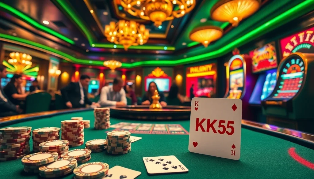 Engaged players betting with KK55 poker chips at a glamorous casino table.