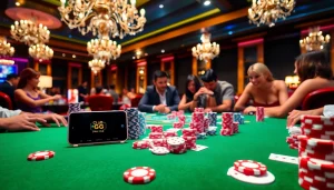 Engaging poker gameplay at ClubGG poker club with lively players and vibrant poker chips.