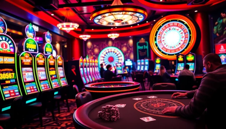 Experience the thrill of 6L777 in a luxurious casino with vibrant slot machines and a roulette wheel.