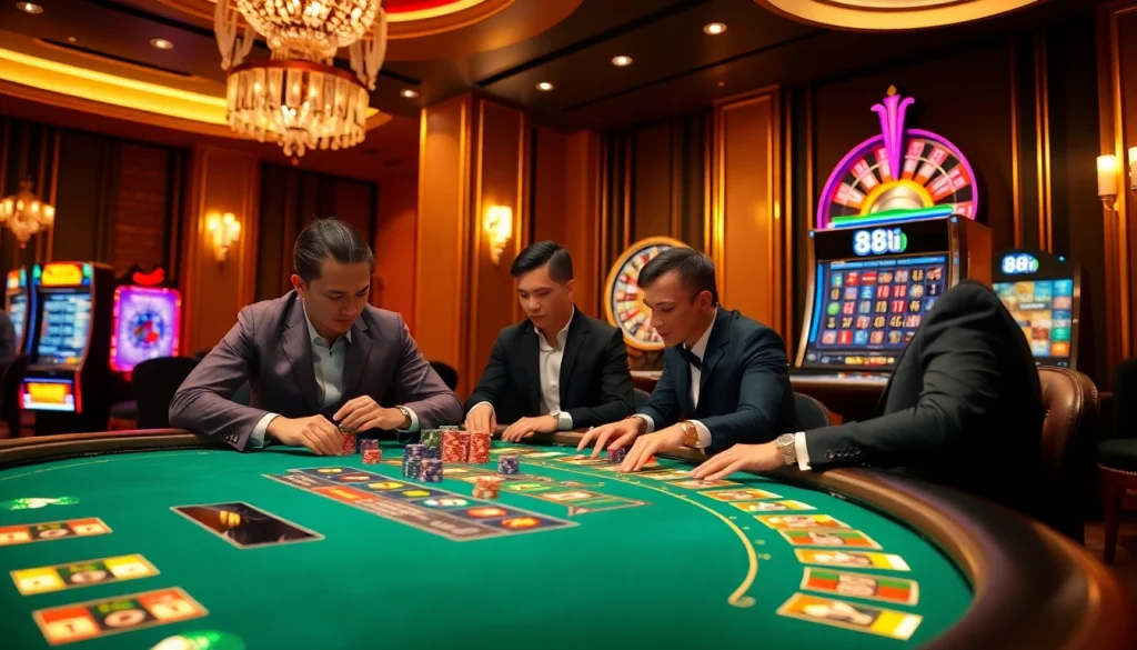 Professionals gambling at the poker table in a vibrant casino scene with 88i branding.