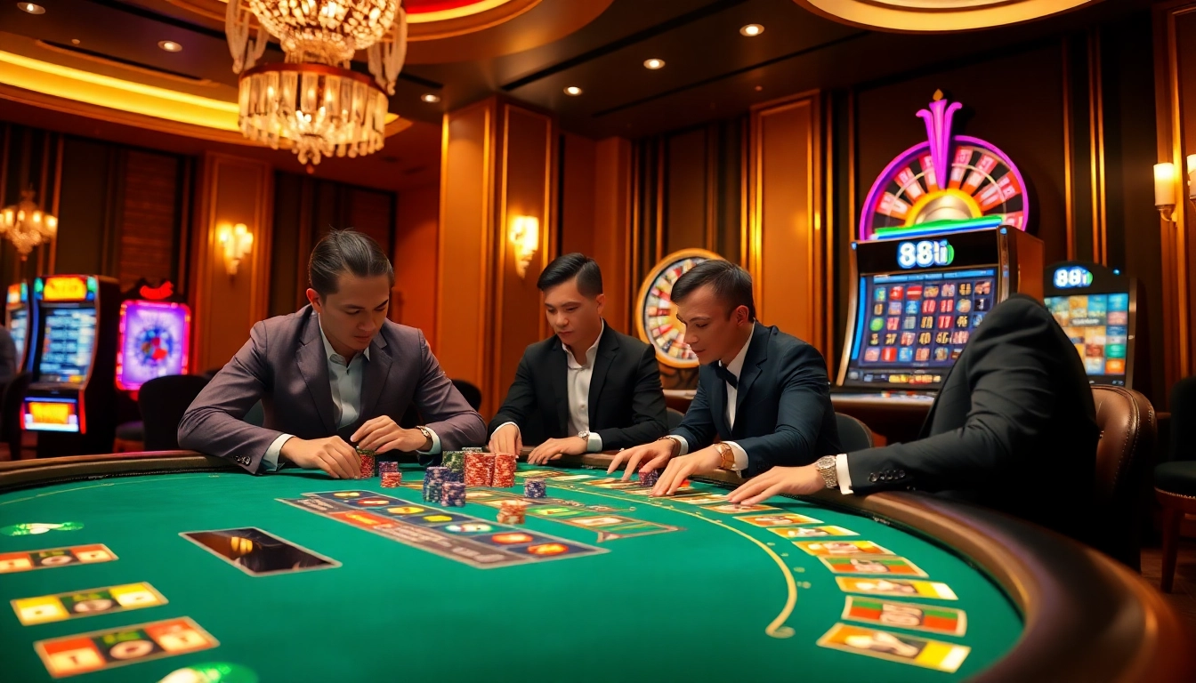 Professionals gambling at the poker table in a vibrant casino scene with 88i branding.