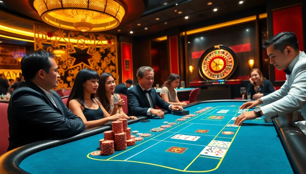 Engaging scene of players enjoying Luckywin Tài Xỉu with vibrant chips and luxurious casino ambiance.