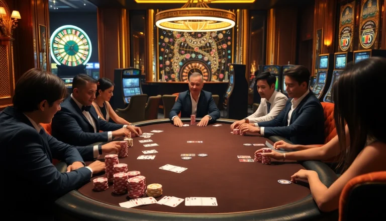 Experience thrilling gaming action at https://www.jl55.club/ with a luxurious poker table surrounded by excited players.