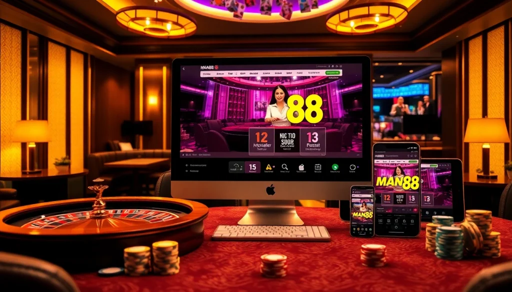 Play games at nhà cái Man88, featuring a modern online casino setup with live dealers and exciting gaming elements.