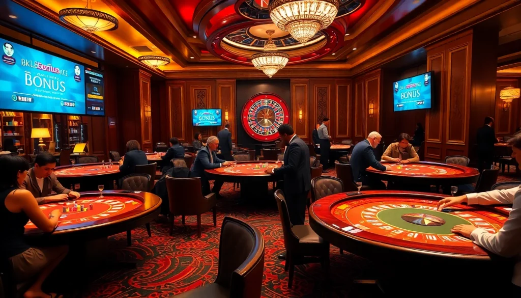 Players enjoying an exciting poker game at bk8thai with vibrant casino atmosphere and luxurious decor.