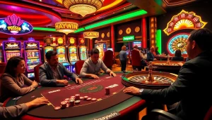 Players enjoy high-stakes poker at a luxurious casino featuring the haywin brand.