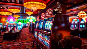 Players enjoying a lively slot machine game in a glamorous casino atmosphere.