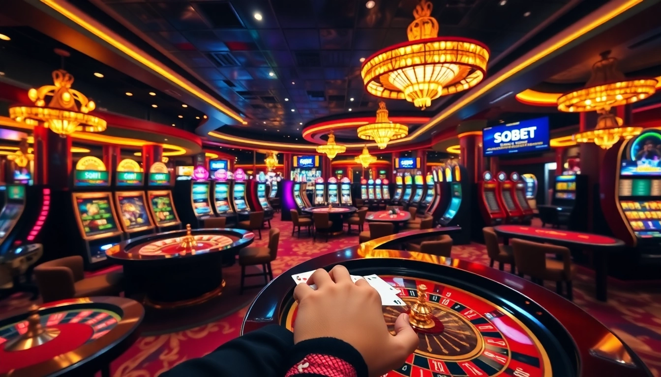 Engaging sbobet login indonesia interface displayed in a vibrant casino scene with roulette and poker elements.