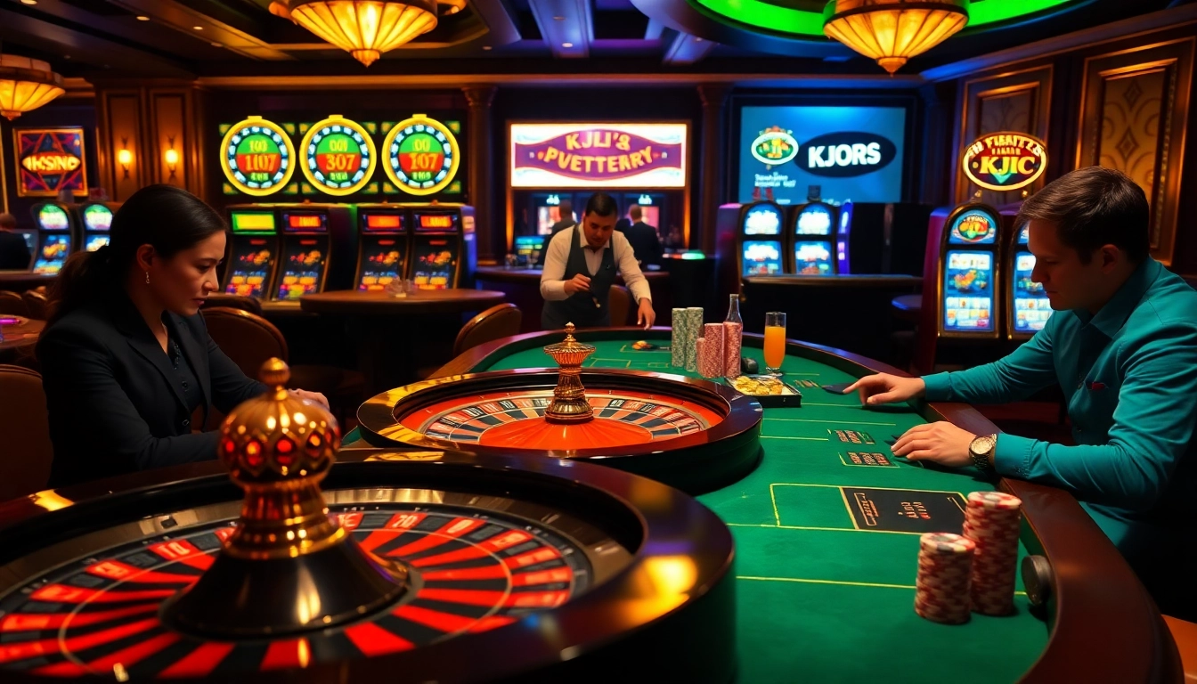 KJC branding highlights an exciting casino scene with players at a roulette table.