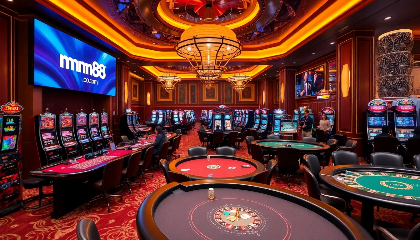 Excited gamblers playing at tables and slot machines in a luxurious casino environment at mm88.com.