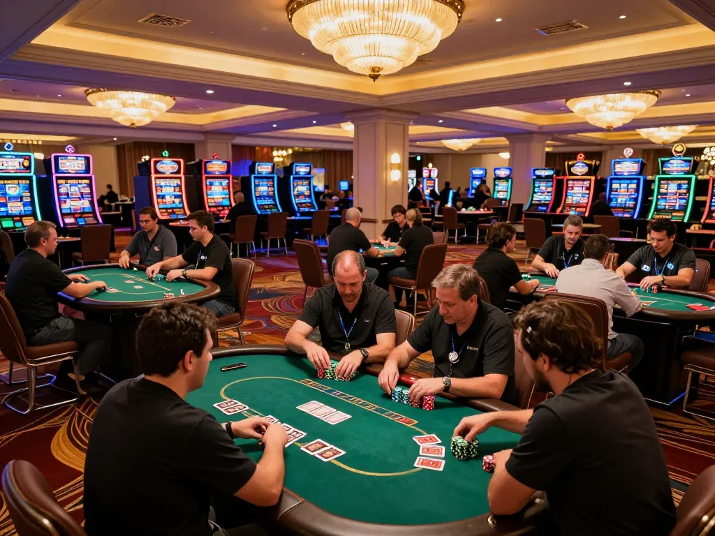 Players engaged in an intense W69 poker game at a luxury casino, surrounded by vibrant atmosphere
