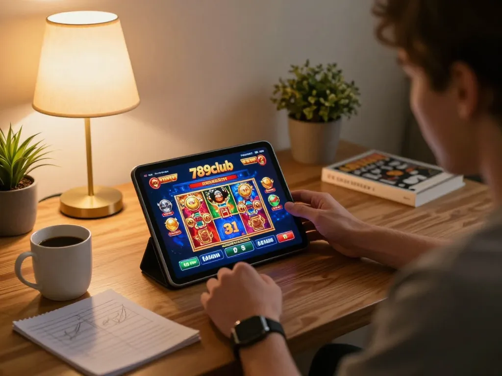 Engaged player navigating the 789club online casino interface on a tablet in a cozy home setting.