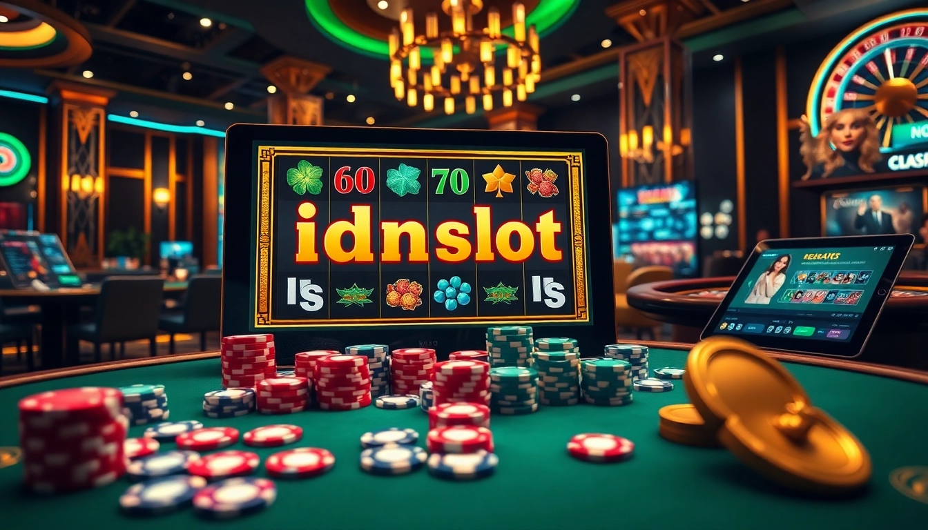 Spin the colorful idnslot reels in this vibrant casino scene with poker chips and roulette wheels.
