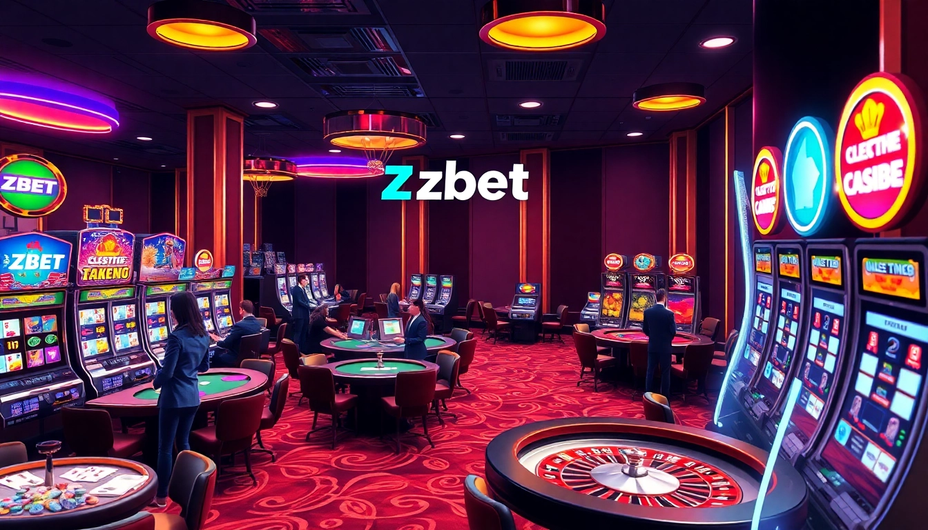 Experience thrilling gameplay at a zbet-themed casino featuring vibrant slot machines and engaging table games.