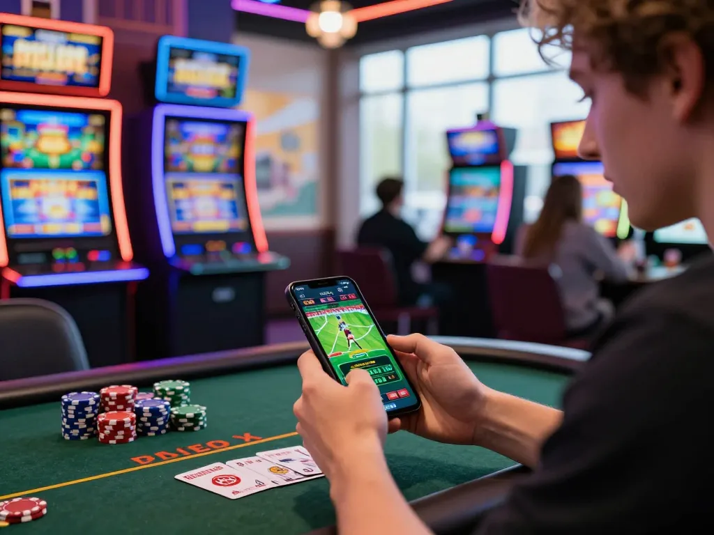Engaging with the exciting online betting platform at https://da88.navy/ amidst vibrant casino-themed decor and digital sports odds.