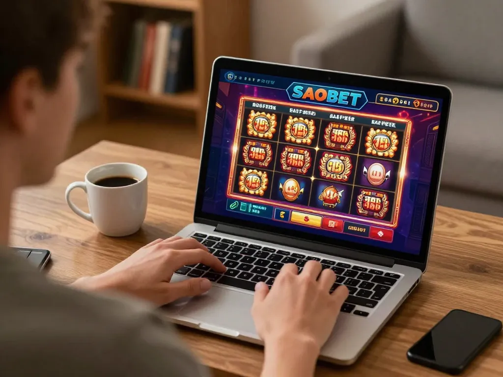 Engaging online gaming session at https://saobet.deal/, showcasing a vibrant slot interface on laptop in a cozy home setting.