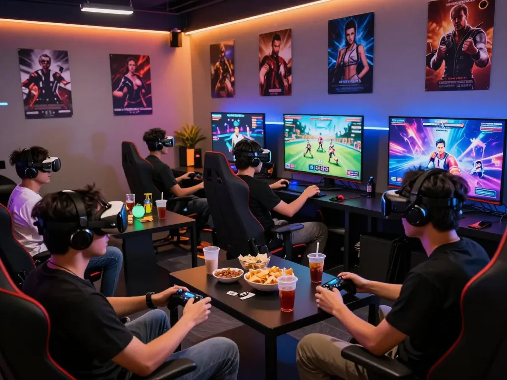 Group gaming scene showcasing players engaged in various porngames with immersive VR and controllers in a vibrant setting.