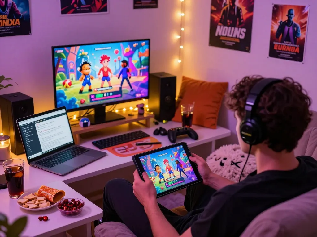 Engaged player enjoying a vibrant sex game on a tablet, cozy room atmosphere