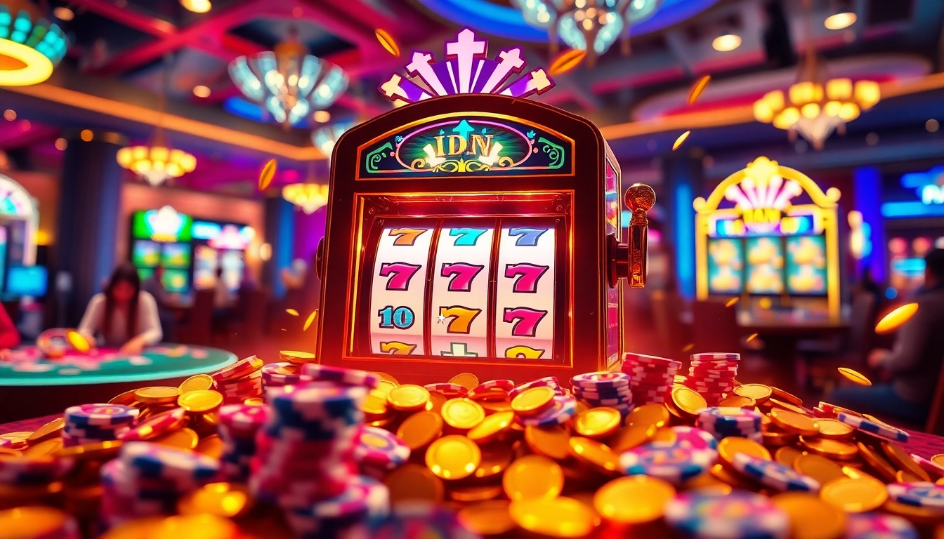IDN slot machine surrounded by colorful poker chips, showcasing vibrant graphics and maxwin potential.
