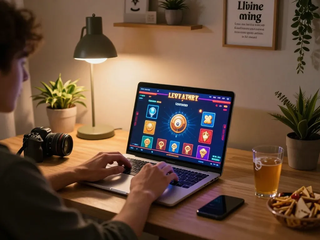 Pemain menikmati pengalaman permainan online 88Pulsa di rumah, menampilkan laptop dengan antarmuka permainan yang cerah.